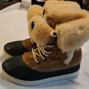 Crocs 12812 Shearling Lined Lace Up Snow Boots Brown Black Women's Size 8